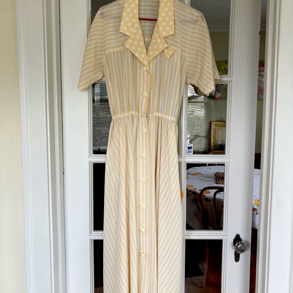 Vintage Yellow Collared Dress Stripe Polka Dot
